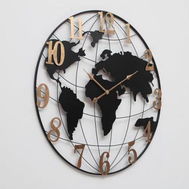 Imagem de AMAATE Relógio de parede com mapa do mundo, luxo vintage preto e dourado com moldura de metal, arte geográfica retrô para sala de estar, estudo, decoração de tema de viagem, 61 cm