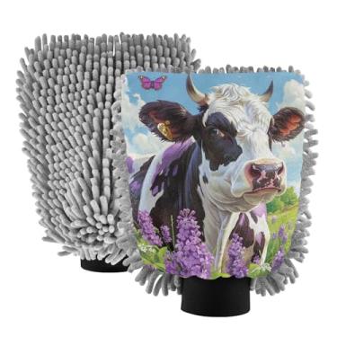 Imagem de ODAWA Luva de lavagem de carro de microfibra macia com manchas pretas e roxas, vaca, tamanho médio 19 x 26 cm