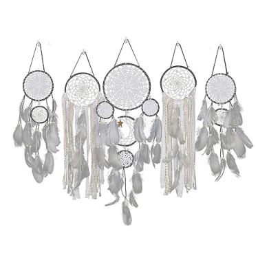 Imagem de Cryfokt Bohemian Feather Moon and Star Cabeceira Dream Catcher Decoração de Parede Decoração Suspensa para Quarto Sala de Estar Quarto Infantil Escritório, Conjunto de 5, Pacote de Caixa de Presente
