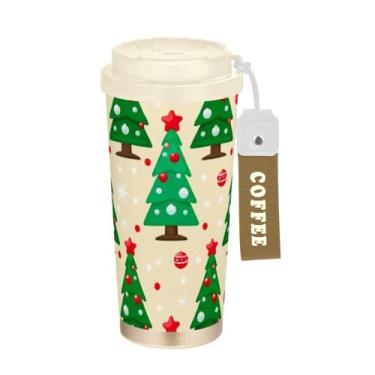 Imagem de Copo de café de 473 ml com tampa de canudo e filp, revestimento cerâmico, isolamento a vácuo, aço inoxidável, copo de café, à prova de vazamento, árvore de Natal verde bege