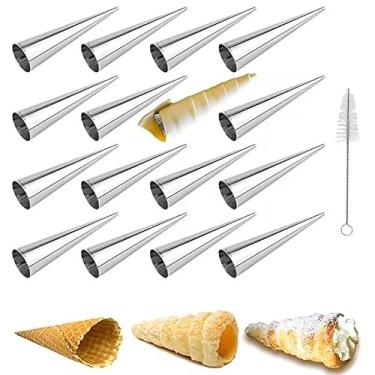 Imagem de 17 tubos de pastelaria em forma de cone de aço inoxidável com escova de limpeza para chifres de creme, ferramenta de enrolar pão, molde antiaderente de sorvete crocante para pele