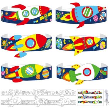 Imagem de 24 Sets Space Paper Headbands Craft Kits for Kids Color Your Own Rocket Paper Crowns DIY Outer Space Birthday Party Hats for Birthday Party Decorations Favors Home School Classroom Activity Supplies