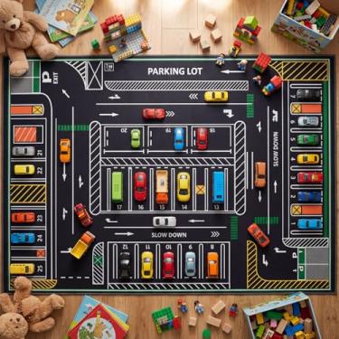 Imagem de Tinideya Tapete infantil, tapete de brinquedo com sistema de tráfego rodoviário da cidade, tapete infantil de 1,5 x 2,1 m com suporte de borracha, antiderrapante, tapete infantil de carro para quarto