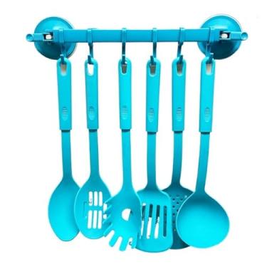 Imagem de Conjunto 6 Utensilios com Gancho de Cozinha de Nylon Colher Concha Escumadeira Espátula Pegadores (KIT VERDE AGUA COM SUPORTE)