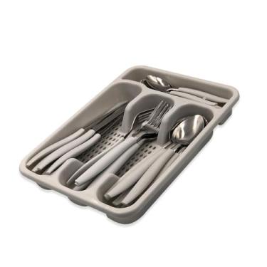 Imagem de Conjunto de Talheres Inox, 25 Peças, Cinza, com Porta Talher, Facas para Churrasco, Garfos, Colheres de Mesa e Chá, para Casa ou Restaurante