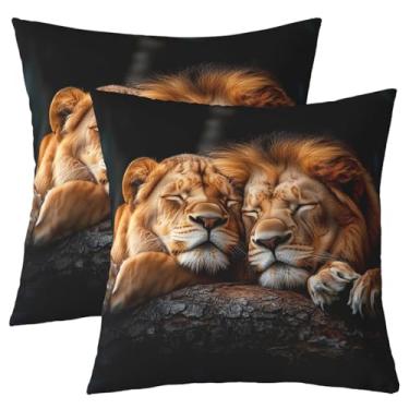 Imagem de jejeloiu Conjunto de 2 capas de almofada para casal leão 45,7 x 45,7 cm com estampa de safári para meninos, meninas, adolescentes, estilo vida selvagem, casa, tema selvagem, fronhas 3D, animais