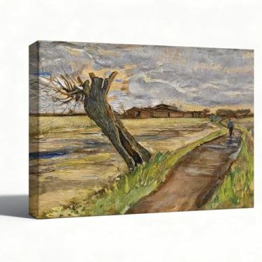 Imagem de Arte de parede em tela de paisagem rústica caminho campo, pintura a óleo de árvore solitária em tela, imagem de natureza de casa de fazenda estilo vintage, decoração de parede de 20 x 25 cm para