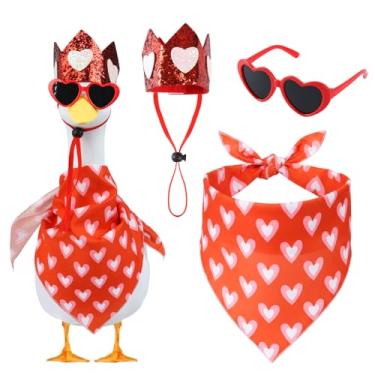 Imagem de TAKEALOOKO Roupa de ganso para varanda de dia dos namorados – 3 peças de acessórios de óculos de chapéu de coração vermelho para estátua de gansos de cimento ou plástico de 58 cm, decoração externa de