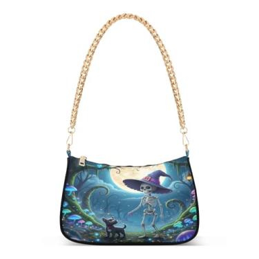 Imagem de Bolsa de ombro de esqueleto de Halloween com corrente de ombro, bolsa feminina Hobo com estampa artística para uso diário ou festa