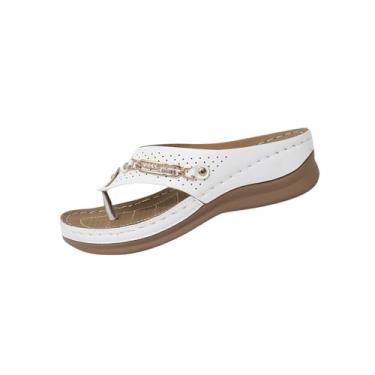 Imagem de Chinelo feminino moderno casual primavera e verão estilo confortável fivela de metal dedo aberto bico aberto salto cunha, Branco, 36