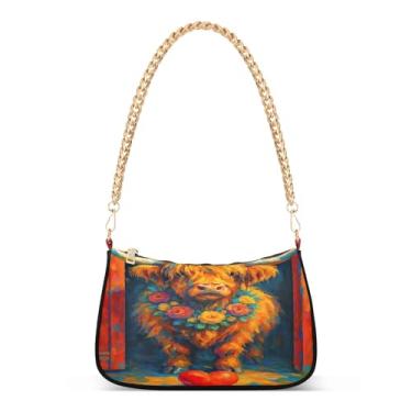 Imagem de Linda bolsa de ombro Highland Cow com estampa floral, bolsa de mão Hobo artística para mulheres, elegante bolsa de noite