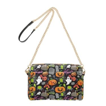 Imagem de Joitme Bolsa feminina de Halloween Fantasmas Abóboras Bolsa transversal para celular Bolsa de ombro de couro PU com alça de corrente
