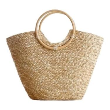 Imagem de Bolsa Grande Cesta Alça Madeira Artesanal Praia Piscina