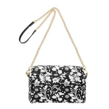 Imagem de Joitme Bolsa feminina transversal para celular, silhuetas florais brancas, bolsa de ombro de couro PU preta com alça de corrente