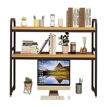 Imagem de Prateleira organizadora de mesa de 2 camadas – estante de mesa de computador de madeira e metal, suporte de armazenamento ajustável, estante de mesa de ferro forjado, prateleira de exibição aberta