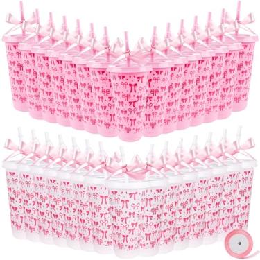 Imagem de 30 copos plásticos de arco a granel com tampas e canudos 680 g reutilizáveis rosa e branco copos de bebida estéticos com fita rosa para mulheres, suco de café, casamento, aniversário, chá de panela