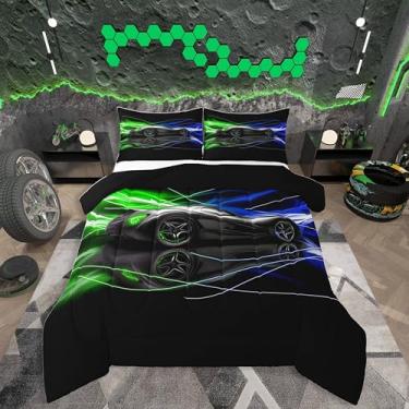 Imagem de jejeloiu Conjunto de edredom de carro esportivo para todas as estações, com 1 fronha, microfibra para esportes radicais, roupa de cama de solteiro, azul, verde, para decoração de quarto, edredom macio