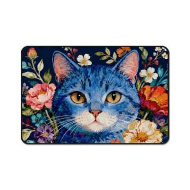 Imagem de kaiwern Capacho de gato azul gato floral tapete de boas-vindas tapete de porta engraçado tapetes de entrada ao ar livre tapetes decorativos animais fofos tapetes de porta para entrada externa interior