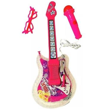 Imagem de Guitarra Rosa Musical Girls Rock Com Som e Luz + Microfone e Óculos - 