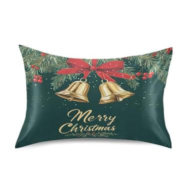 Imagem de SEHANY Fronha de seda verde com sinos de Natal para cabelo e pele, capa de almofada respirável super macia e macia com envelope para casa, quarto, hotel, padrão 50 x 76 cm