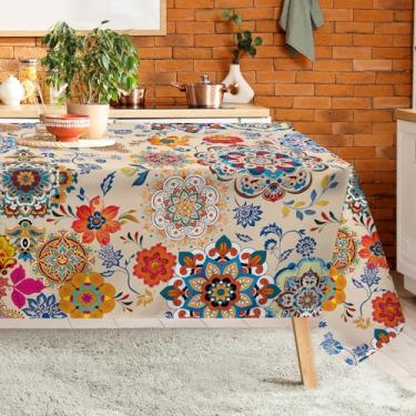 Imagem de Arquiel Toalha de mesa boho retrô floral retangular lavável na máquina, 213 x 152 cm, capa de mesa rústica de poliéster para cozinha, jantar, festa, decoração ao ar livre