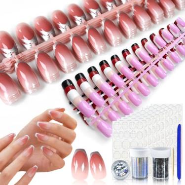 Imagem de 10 unidades de unhas de pressão, unhas postiças vermelhas brilhantes e roxas, unhas postiças francesas com gradiente vermelho para salão de beleza, presentes diários de unhas para mulheres e meninas