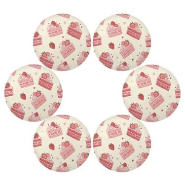 Imagem de Wassud Jogo americano conjunto de 6 tapetes redondos de bolo de morango para cozinha e jantar, tapetes laváveis e resistentes ao calor, decoração de mesa 39 cm