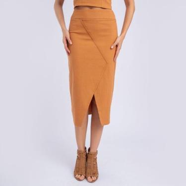 Imagem de Saia midi transpasse em linho  - Kassis Modas, Marrom, P