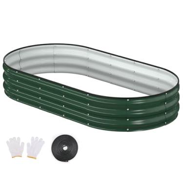 Imagem de Patiobay Canteiro de jardim elevado, 1,8 x 0,9 x 0,3 m, galvanizado para uso externo, com bordas e luvas de segurança, caixa oval de metal para jardinagem, legumes, flores, ervas, verde-escuro