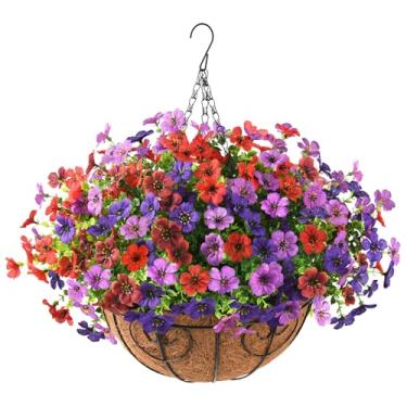 Imagem de Cestos para pendurar flores artificiais, multicoloridas, 12 pacotes de flores falsas, cesta pendurada ao ar livre, decoração de primavera e verão, plantas falsas para varanda, pátio, varanda,