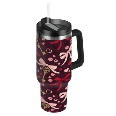 Imagem de ATTX Copo com alça para chaves de dia dos namorados de 1,134 g, copo de aço inoxidável a vácuo de parede dupla com palha, caneca de café de viagem isolada #335