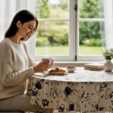 Imagem de Toalha de Mesa Para 6 Cadeiras Formato Oval Tecido Oxford Estampa de Xícaras