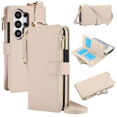 Imagem de Capa carteira de couro ultra PU para Samsung Galaxy S26, [bloqueio RFID] [bolso com zíper] [porta-cartão] capa protetora flip folio livro com corda transversal/pulso/anel capa de telefone homens