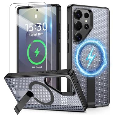 Imagem de Jshru Capa para Samsung Galaxy S25-Ultra com [2 peças] películas de tela HD, compatível com MagSafe [proteção contra quedas de grau militar], capa fina translúcida com suporte invisível para S25 Ultra