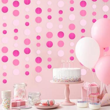Imagem de 5 peças guirlanda rosa choque com glitter rosa círculo, guirlanda de bolinhas PLULON 1,8 m, papel pendurado, faixa de fundo para decoração de festa rosa, aniversário, chá de bebê, casamento, sala de