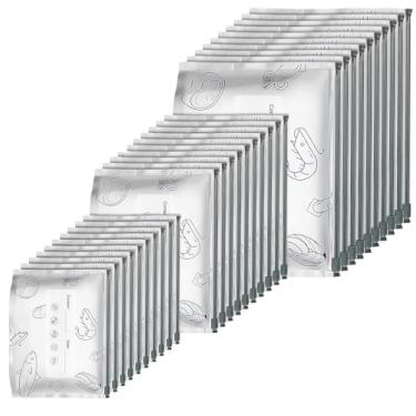 Imagem de Sacos de armazenamento de folha de alumínio reutilizáveis de 30 peças, bolsas de zíper a vácuo resseláveis com etiquetas, design de suporte para armazenamento de alimentos, 3 tamanhos