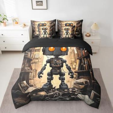 Imagem de Castle Fairy Jogo de cama casal de robô moderno, tema de ficção científica, 7 peças com edredom, lençol de cima, 2 fronhas, 2 fronhas, 2 fronhas, conjunto de cama com estampa de livros mágicos