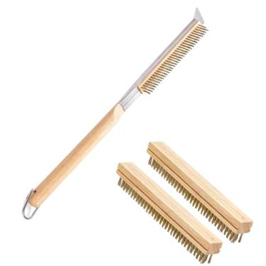 Imagem de GOVNPJ Escova de forno de pizza, escova de limpeza de cerdas de latão de 53 cm com 2 cabeças de substituição, escova de pedra de pizza com cabo longo de 30 cm para acessórios de forno ao ar livre