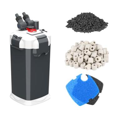 Imagem de fishkeeper Filtro de recipiente de 225 GPH, filtro de aquário de filtragem de 3 estágios com bolas de quartzo e filtro de algodão, filtro externo ultra-silencioso para água doce e salgada até 18
