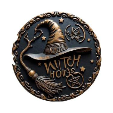 Imagem de Placa Decorativa Casa Das Bruxas Com Design De Vassoura E Chapéu De Ve