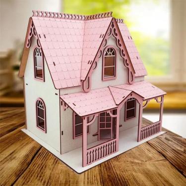 Imagem de Casinha De Boneca Rosa Branco Miniatura Em MDF Barbie 34cm - Genérico,