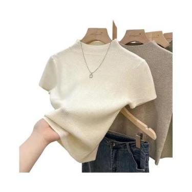 Imagem de Suéter Feminino De Tricô Gola Alta Slim Fit Fino De Verão Manga Curta 