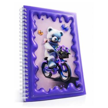 Imagem de omatek smart technologies Caderno espiral com capa brilhante 3D A5 – Caderno de capa dura fofo com 80 folhas – Caderno escolar para crianças, meninas e meninos – Teddy's Ride