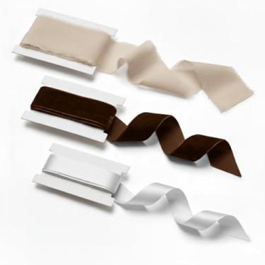 Imagem de SHSEEN Conjunto de fita bege e marrom de veludo, chiffon e cetim para embrulho de presente, convites de casamento e artesanato boho, 15 metros de chocolate, latte e acabamento branco para chá de bebê