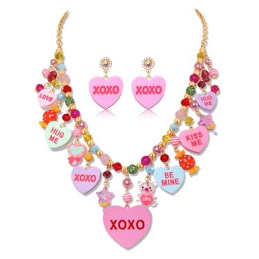 Imagem de PHALIN Colar de Dia dos Namorados Brincos para Mulheres LOVE XOXO Conversation Candy Heart Pingente Brincos Pulseira, Acessórios de Joias de Dia dos Namorados Presentes para Ela, One Size, Liga de aço