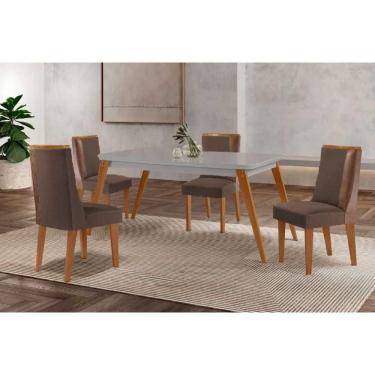 Imagem de Conjunto: Mesa Sala Jantar Havana Curvo 120cm + 4 Cadeiras Tilia Naturale/Off White - Suede Marrom - Rufato