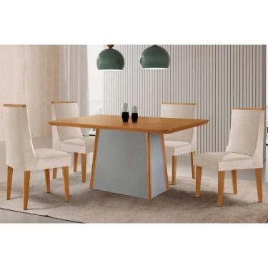 Imagem de Mesa Cozinha Tilia c/ Tampo Madeirado Canto Curvo 120x80cm e 4 Cadeiras Dakota Madeira Maciça Naturale/Off White - Capuccino/Suede Creme-Rufato