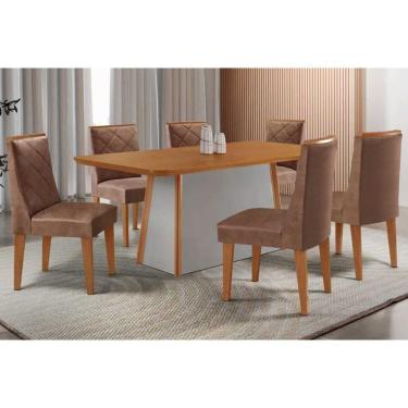 Imagem de Conjunto: Mesa de Cozinha Tilia c/ Tampo Madeirado Canto Curvo 180x90cm e 6 Cadeiras Pietá Naturale/Off White - Corano Capuccino - Rufato