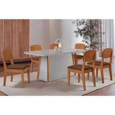 Imagem de Conjunto: Mesa de Cozinha Tilia c/ Tampo Madeirado c/ Vidro Canto Curvo 180x90cm e 6 Cadeiras Havana Naturale/Off White - Suede Marrom - Rufato