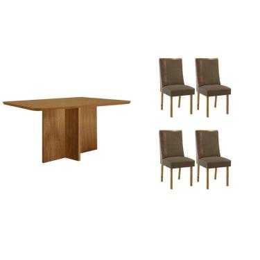 Imagem de Conjunto: Mesa de Cozinha Berlim Tampo Curvo 120cm+4 Cadeiras Tilia Madeira Naturale - Capuccino/Suede Capuccino - Rufato